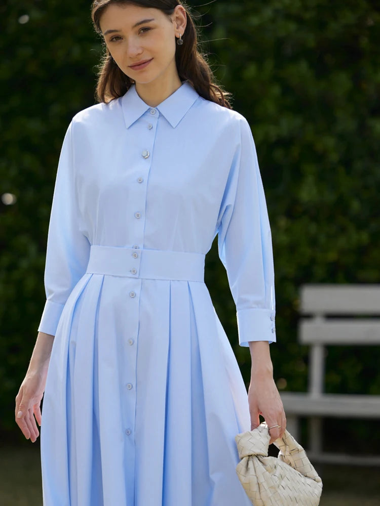 Minimalist Women's Shirt Dress - 2023 Spring Summer White Pleated Long Dress with Adjustable Waist Belt | Elegant Casual Office Wear & Weekend Outfits