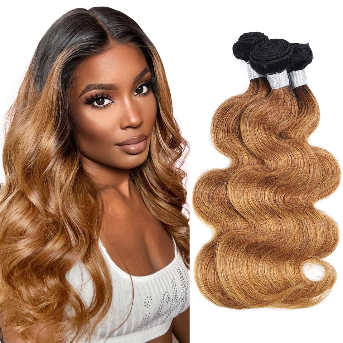 Ombre Brazilian Body Wave Human Hair Bundles 22 24 26 Inch - 100% Unprocessed Virgin Remy Hair Weave (2 Tone 1B/30#) for Natural-Looking Extensions & Styling | Perfect for Daily Wear, Parties & Special Occasions