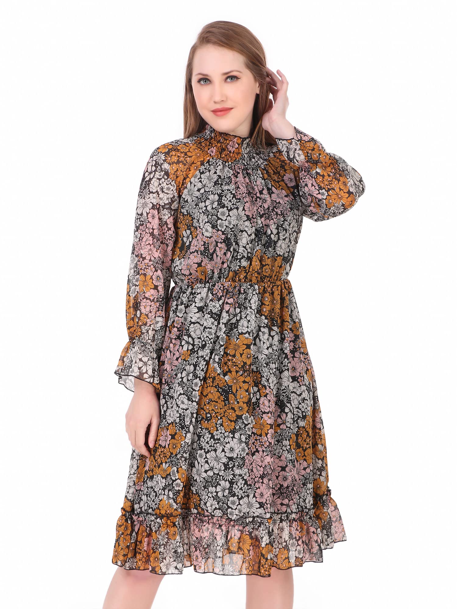 BoheeWohee Women's Boho CottageCore Smoked Floral Print Chiffon Midi Dress for Summer - Perfect for Beach Vacations, Garden Parties & Casual Outings