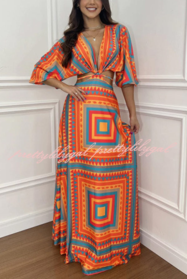Wilma Unique Print Cutout Elastic Waist Tie Up Kimono Sleeve Maxi Dress - Women's Flowy Summer Beach Cover Up Dress for Vacation, Party & Boho Fashion