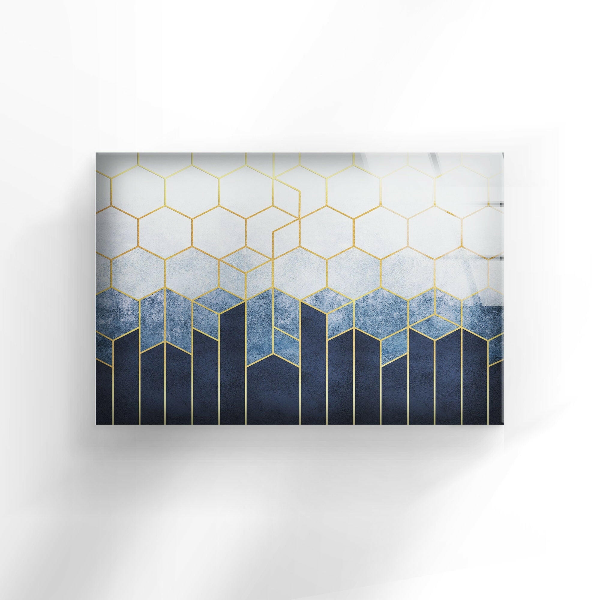 Blue Hexagons Abstract Glass Wall Art - Modern Geometric Home Decor for Living Room, Bedroom & Office