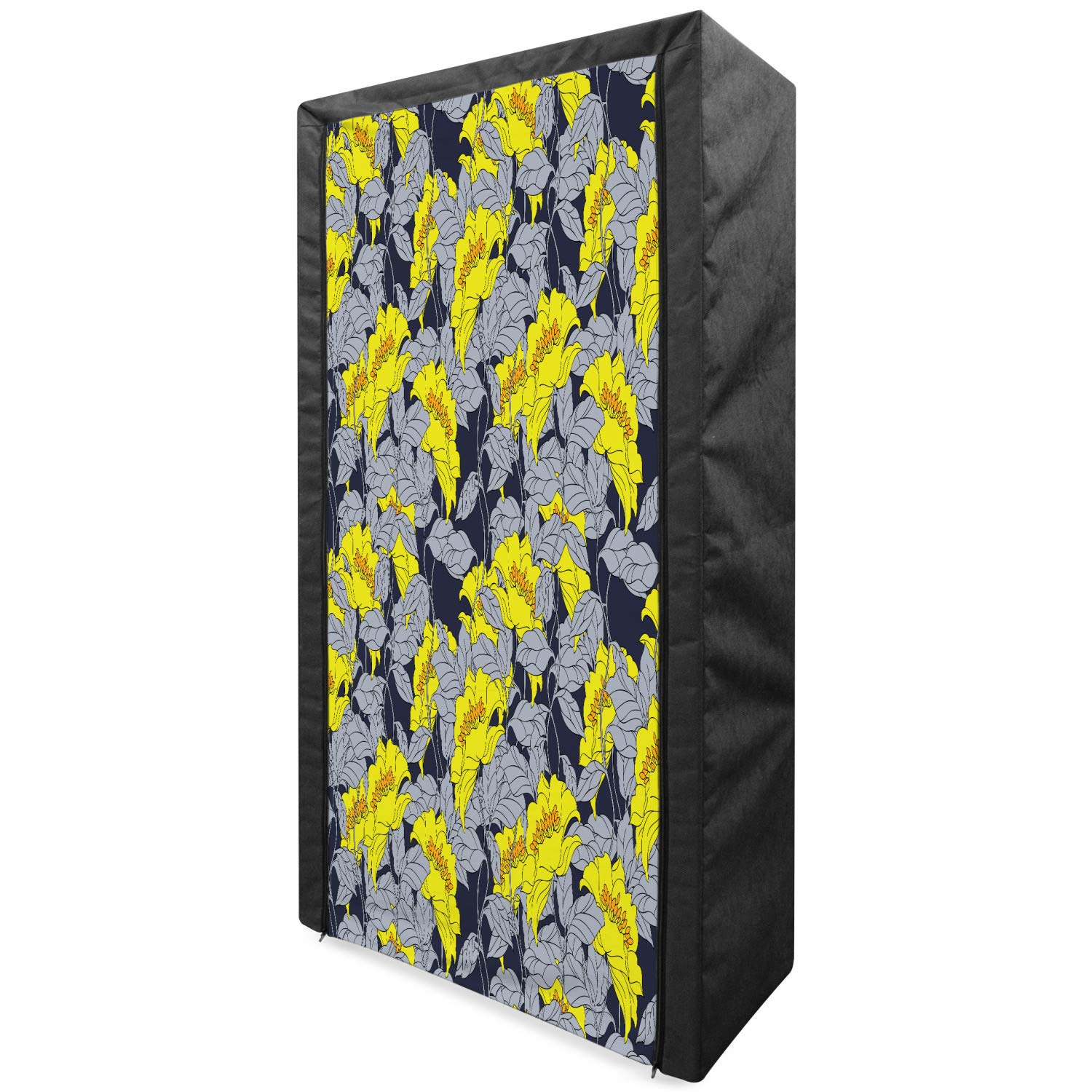 Ambesonne Floral Portable Fabric Wardrobe with Shelves | 33.5 Inch Clothing Organizer & Storage Closet | Yellow & Grey Daffodil Petals Print | Perfect for Bedroom, Closet, Dorm & Small Space Organization
