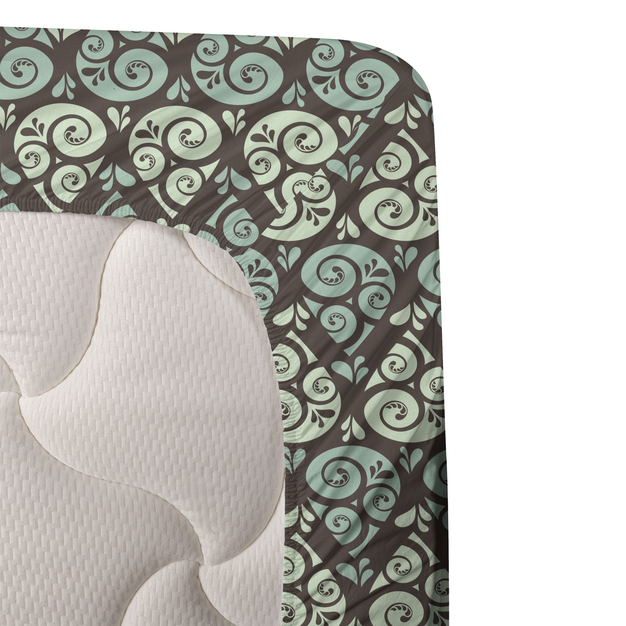 Ambesonne Abstract Raindrop Pattern Bed Sheet Set - 4 Piece Full Size with Fitted Sheet, Flat Sheet & Pillowcases - Mint Green Seafoam Brown Swirl Design - Soft Weather-Themed Bedding for Modern Bedrooms & Guest Rooms