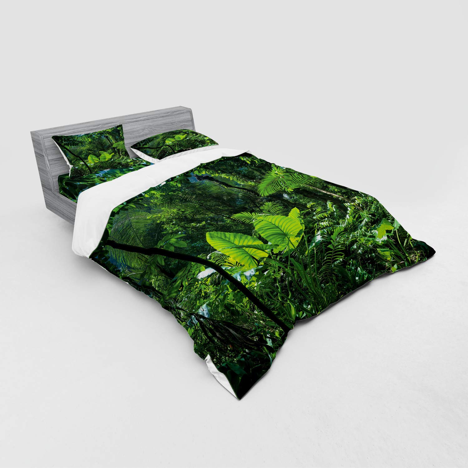 Ambesonne 4-Piece Queen Size Jungle Bedding Set - Green Rainforest Duvet Cover with Shams & Fitted Sheet | Eco-Friendly Plant Themed Bedroom Decor for Nature Lovers