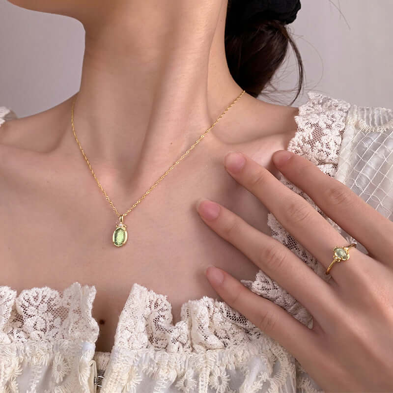 Natural Green Fluorite Gemstone Ring & Necklace Set | Healing Crystal Jewelry for Meditation & Energy Balance | GZ344