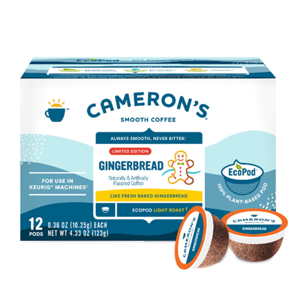 Cameron's Gingerbread Single Serve Coffee Pods - 12 Pack for Keurig Brewers | Holiday Flavored Coffee for Christmas & Winter Mornings
