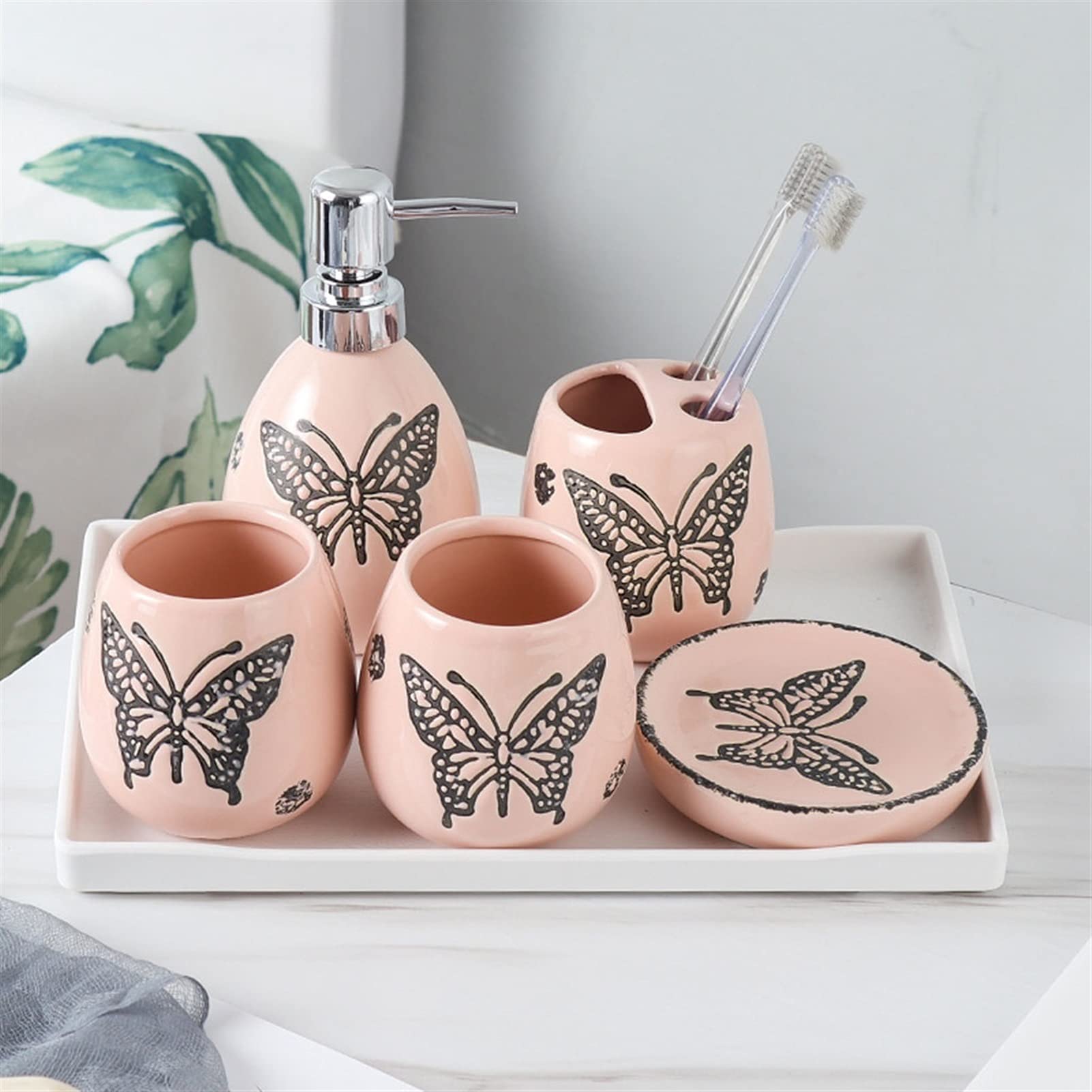 6-Piece Refillable Liquid Hand Soap Dispenser Set - Ceramic Soap Dispenser, Toothbrush Holder, Tumbler, Soap Dish & Tray | Bathroom Accessories for Hotel, Restroom & Home Decor | Perfect for Guest Bathrooms, Spa-Like Showers & Luxury Vanities