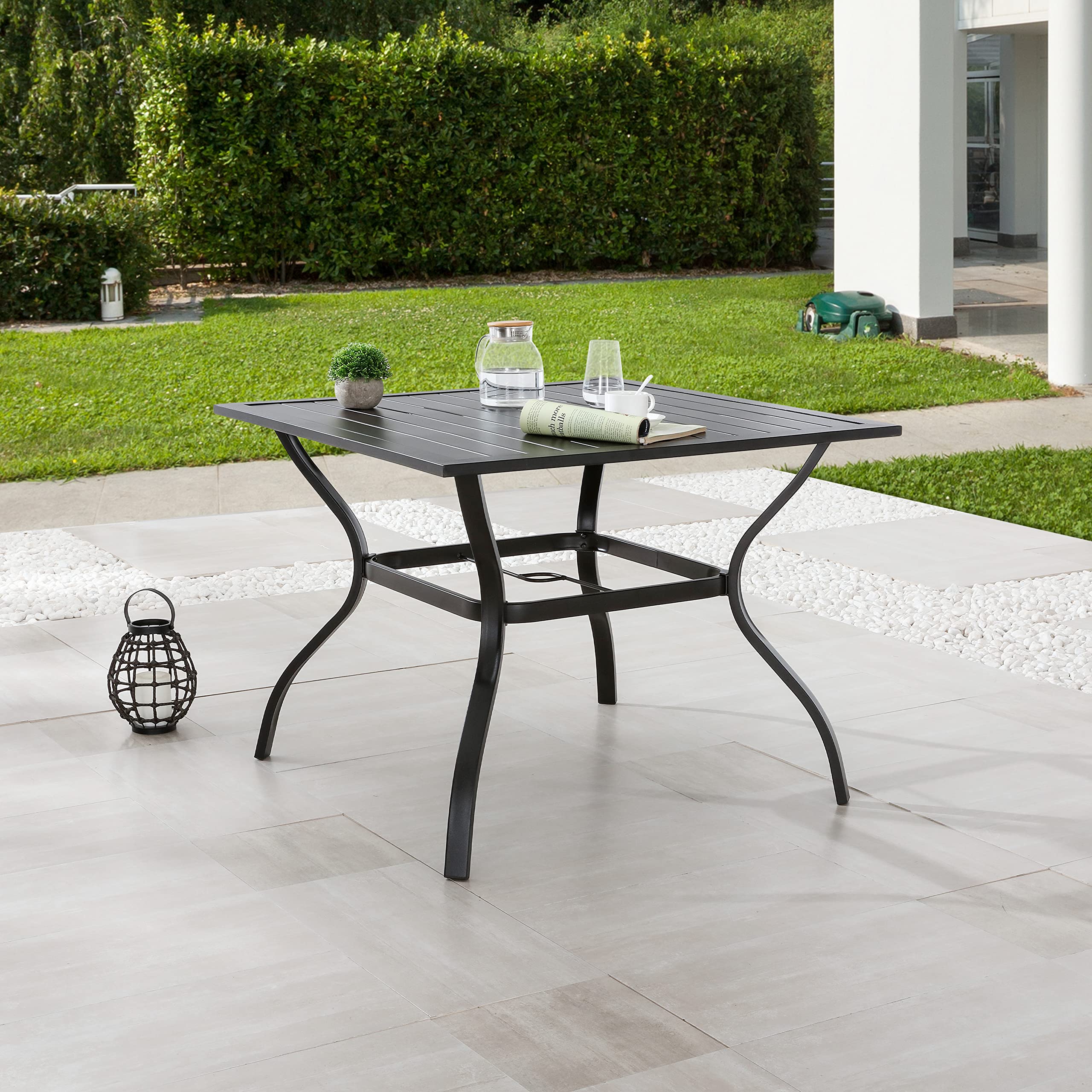 LOKATSE HOME 37 Inch Square Outdoor Patio Dining Table with Umbrella Hole - Durable Metal Steel Frame in Black - Perfect for Backyard, Garden, Poolside & BBQ Parties