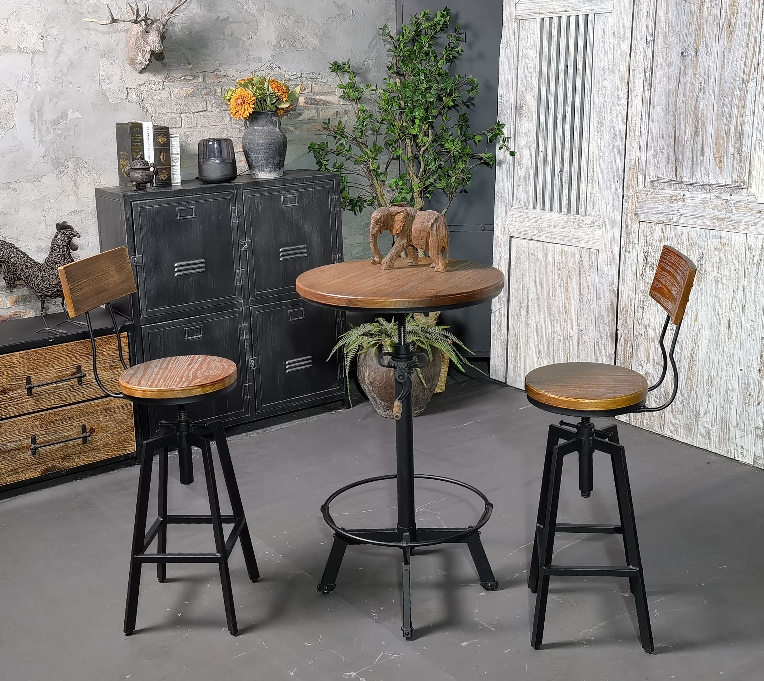 3-Piece Industrial Adjustable Bar Table Set with 2 Swivel Stools - Modern Bistro Pub Table for Kitchen, Dining Room & Small Spaces - Perfect for Breakfast Nook, Coffee Corner & Home Bar Setup