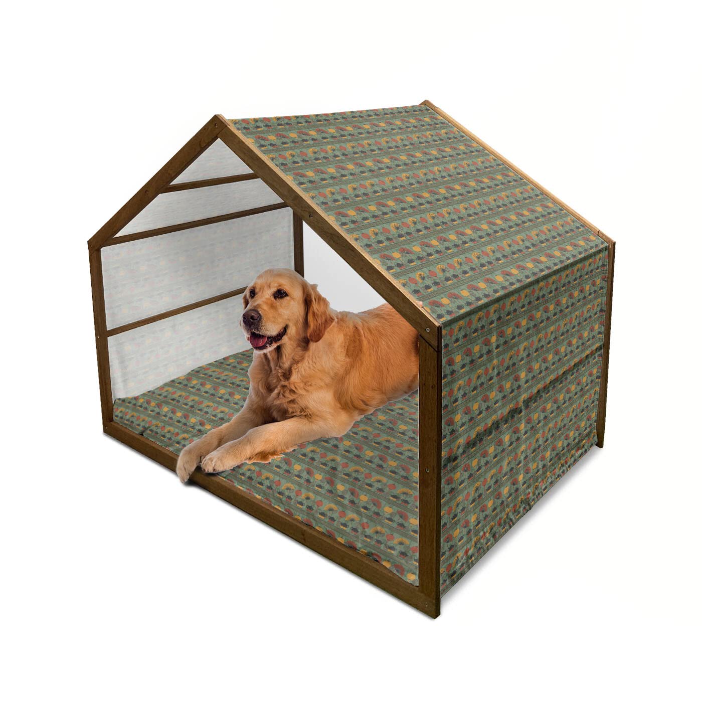 Ambesonne Tea Party Wooden Dog House - Ethnic Grunge Bamboo Branches Chinese Folkloric Design - Indoor & Outdoor Portable Pet Kennel with Pillow & Cover - X-Large Size in Reseda Green & Marigold - Perfect for Garden, Patio, or Living Room Decor