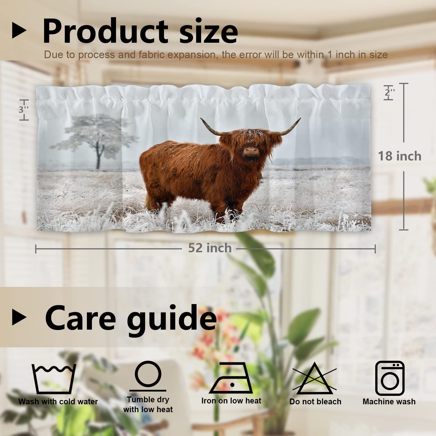 Scottish Highland Cow Blackout Window Valances Curtains - Farmhouse Kitchen & Bedroom Decor for Sun Protection & Privacy