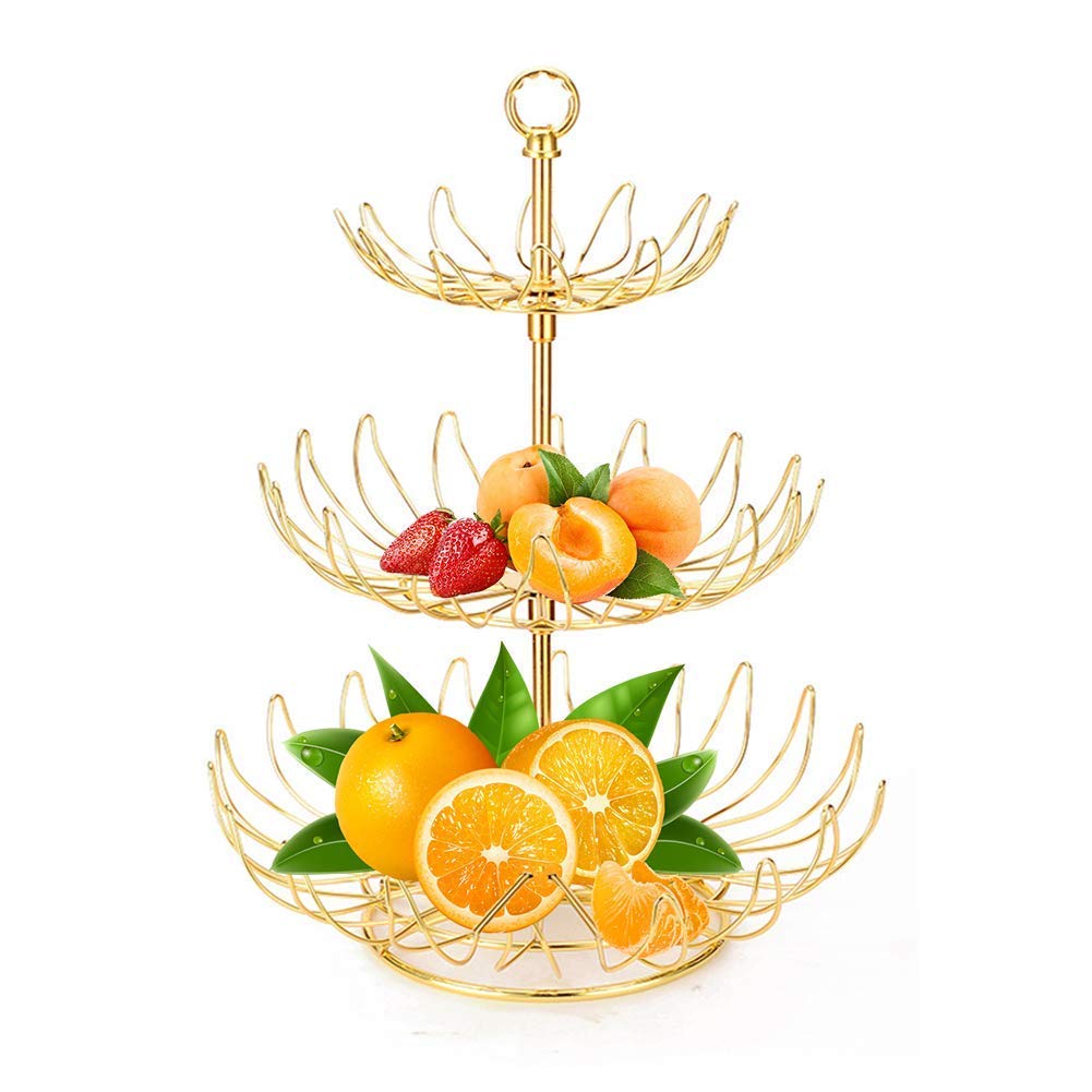 3-Tier Large Capacity Metal Countertop Fruit Basket - Detachable Vegetable & Kitchen Storage Organizer - Gold Decorative Tabletop Bowl Stand for Fruits, Vegetables, Snacks - Perfect for Kitchen Counter, Dining Table, Pantry Organization & Home Decor
