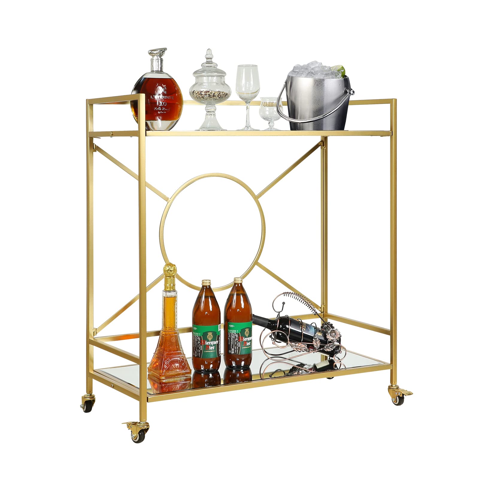 Vintage Gold Bar Cart for Home - Large Mid Century Rolling Storage Cart with 2 Mirrored Glass Shelves & Lockable Wheels - Easy 10-Minute Assembly - Perfect for Wine Storage, Cocktail Parties & Living Room Decor