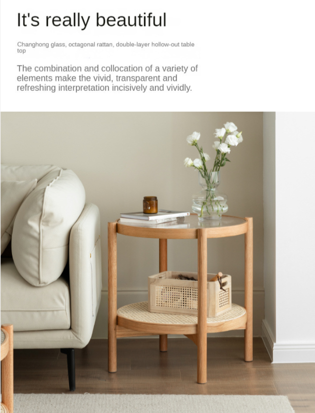 Stylish Oak Solid Wood Coffee Table with Glass Top and Rattan Accents - Perfect for Living Room, Lounge, and Home Decor