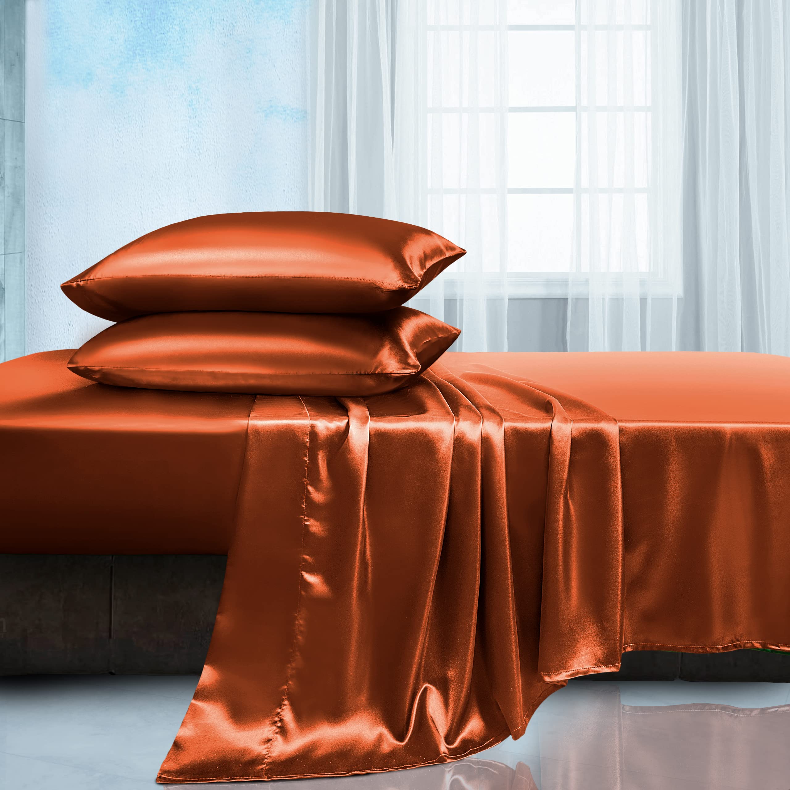 Luxury Satin Queen Sheets Set - 4 Piece Soft Bedding Set with Fitted & Flat Sheets and Pillowcases in Rust Orange | Perfect for Master Bedroom, Guest Room & Hotel Decor
