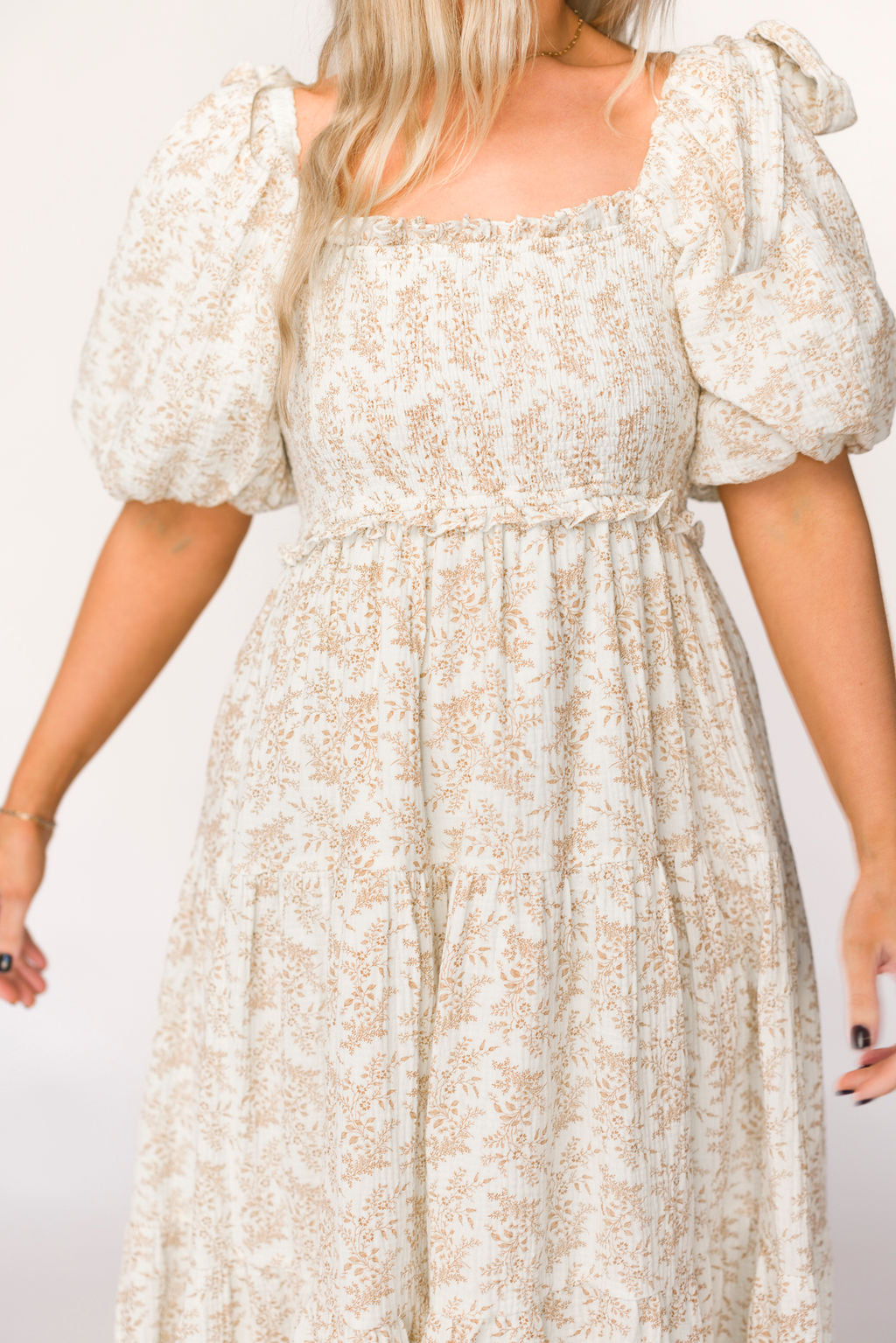 Elena 100% Cotton Toile Print Smocked Midi Dress - Light Brown Bump Friendly Maternity Dress | Perfect for Baby Showers, Brunch Dates & Summer Outfits