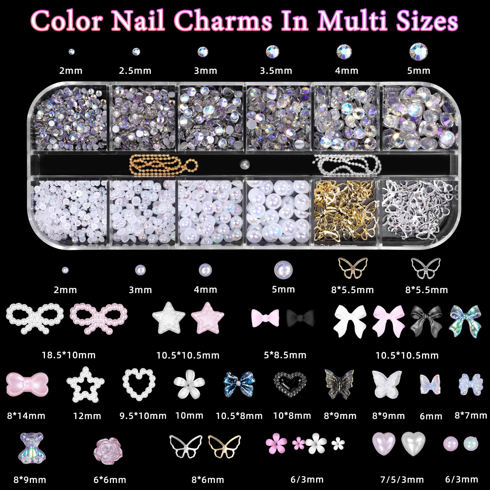 2 Boxes 3D Nail Art Charms Set - Bow, Bowknot, Butterfly, Flower, Half Round Pearl & Rhinestone, Star, Heart Pearls for DIY Nail Designs | Perfect for Salon, Home Manicure, Nail Art Enthusiasts & Gift Giving