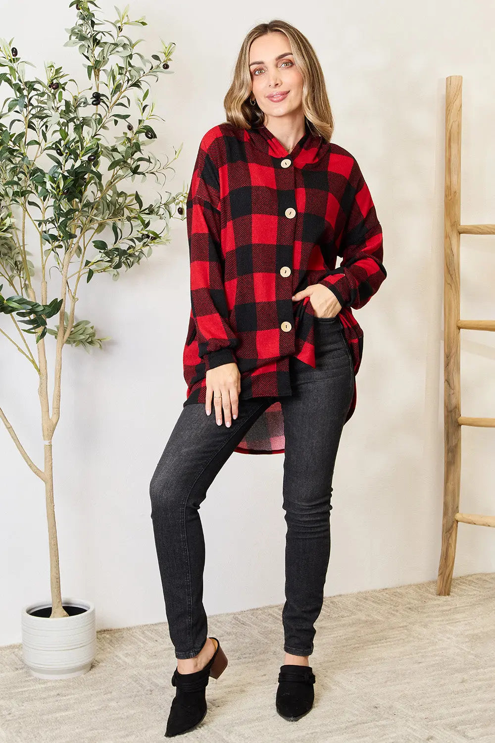 Heimish Full Size Plaid Button-Up Hooded Shirt for Men - Casual Outdoor Wear & Layering Essential