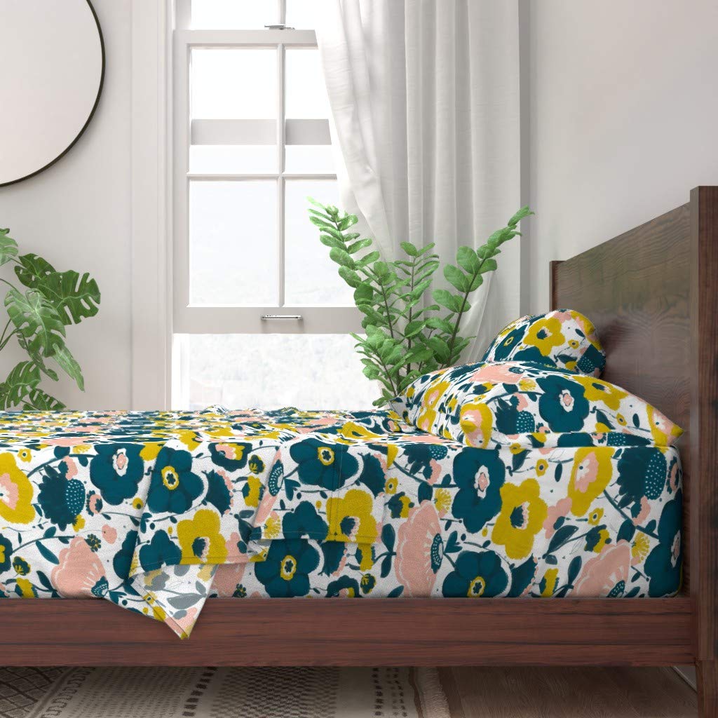 Premium 100% Cotton Twin Sheet Set (3-Piece) - Vintage Botanical Orange Floral Print with Navy Leaves & Blossoms | Soft Breathable Bedding for Home, Dorm, or Guest Room