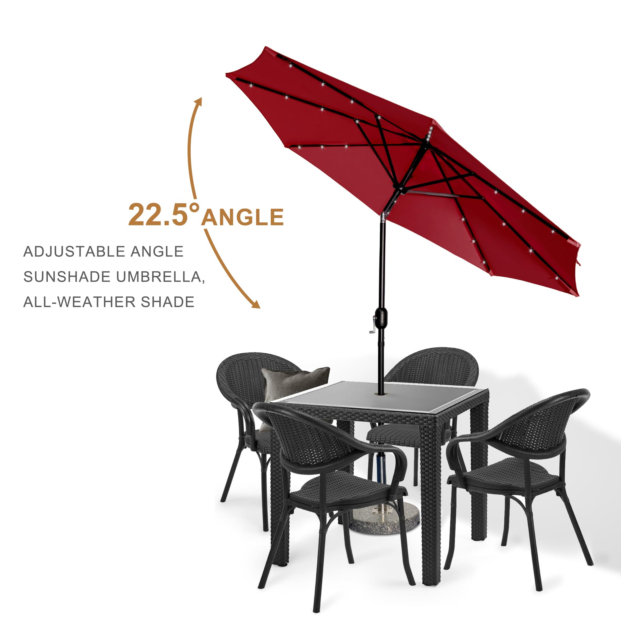9FT Solar LED Patio Umbrella with Push Button Tilt & Crank - Waterproof Outdoor Umbrella with UV Protection for Pool, Deck, Garden - Perfect for Backyard, Porch & Outdoor Dining (Red)