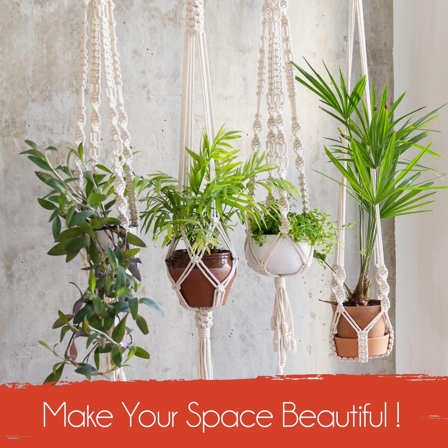6 Pack Macrame Plant Hangers for Indoor & Outdoor Plants - Handmade Hanging Plant Holders with Flower Pots for Boho Home Decor, Living Room, Bedroom, Patio & Garden