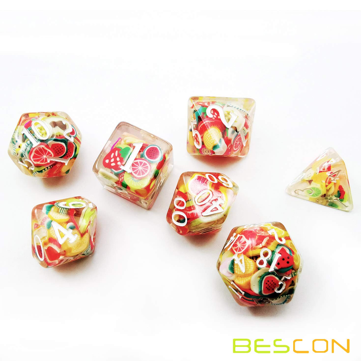 BESCON DICE 7-Piece Fruit Themed Polyhedral RPG Dice Set for Dungeons & Dragons, Pathfinder, and Tabletop Gaming - Perfect for D&D Players, Collectors, and Gift Giving