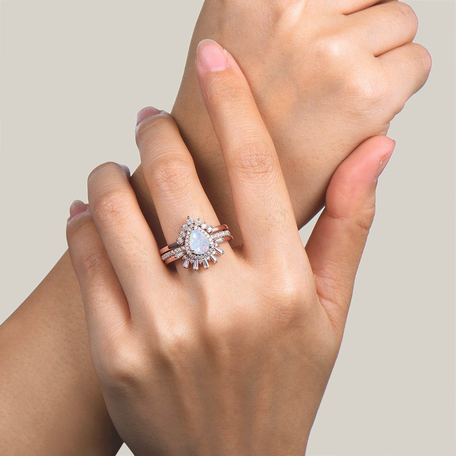 3Pcs Pear Cut White Opal Wedding Ring Set - Moissanite Halo Engagement Ring for Bride, Promise Ring & Anniversary Gift - Perfect for Proposals, Weddings & Special Occasions