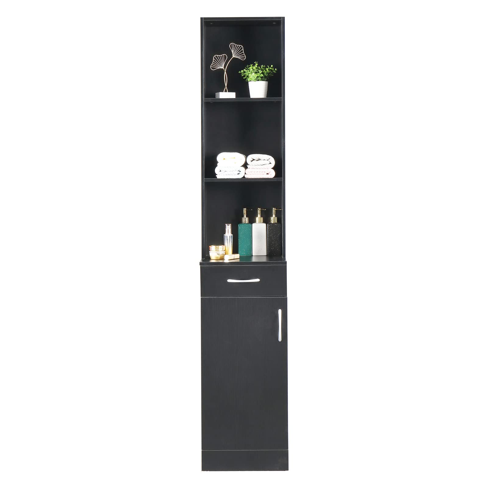 70 Inch Tall Bathroom Floor Cabinet - Freestanding Storage Organizer with 1 Door & 1 Drawer | Waterproof & Durable Slim Design for Towels, Toilet Paper, Shampoo | Perfect for Small Bathrooms, Apartments & Vanity Organization (Black)