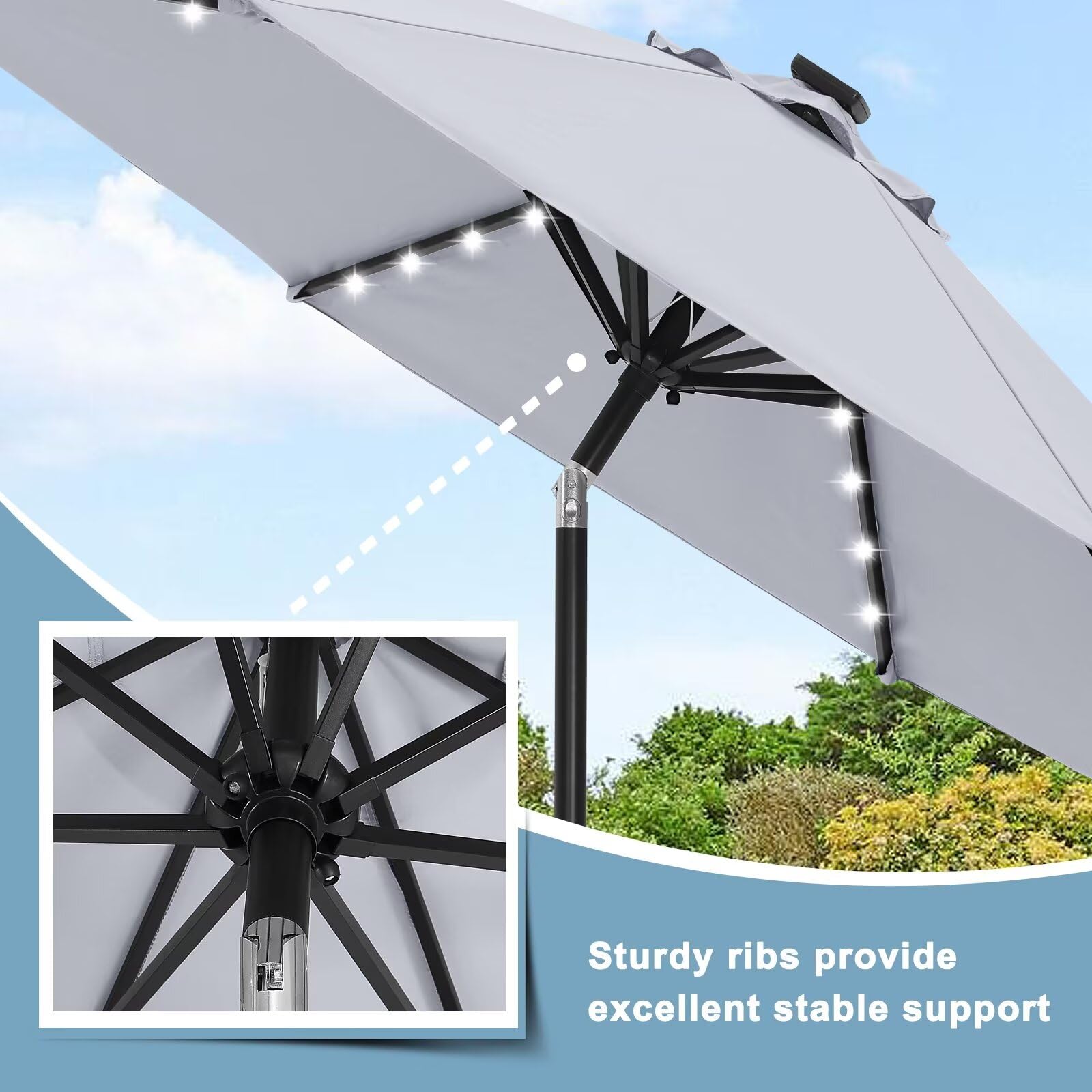 Durable 11FT Solar LED Patio Umbrella with 32 Lights - Light Gray | Outdoor Shade for Pool, Garden & Backyard | Weather-Resistant Canopy for Patio Furniture