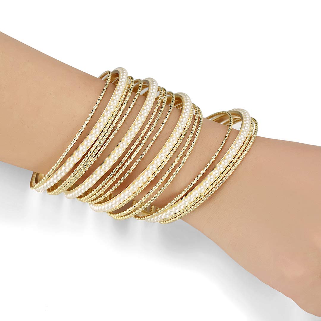 Ensoul Women's Acrylic Pearl & Glass Seed Bead Mixed Metal Bangle Bracelet Set - 17 Piece Boho Jewelry for Casual Wear, Parties & Gifts