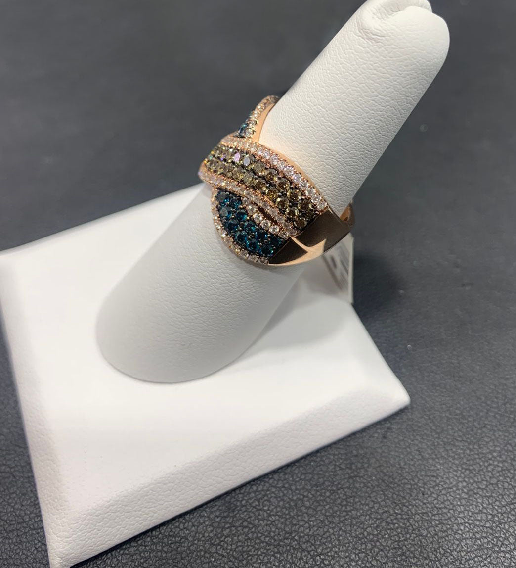 14K Rose Gold Diamond Ring with Brown, Blue & White Diamonds - Elegant Jewelry for Engagement, Wedding & Special Occasions