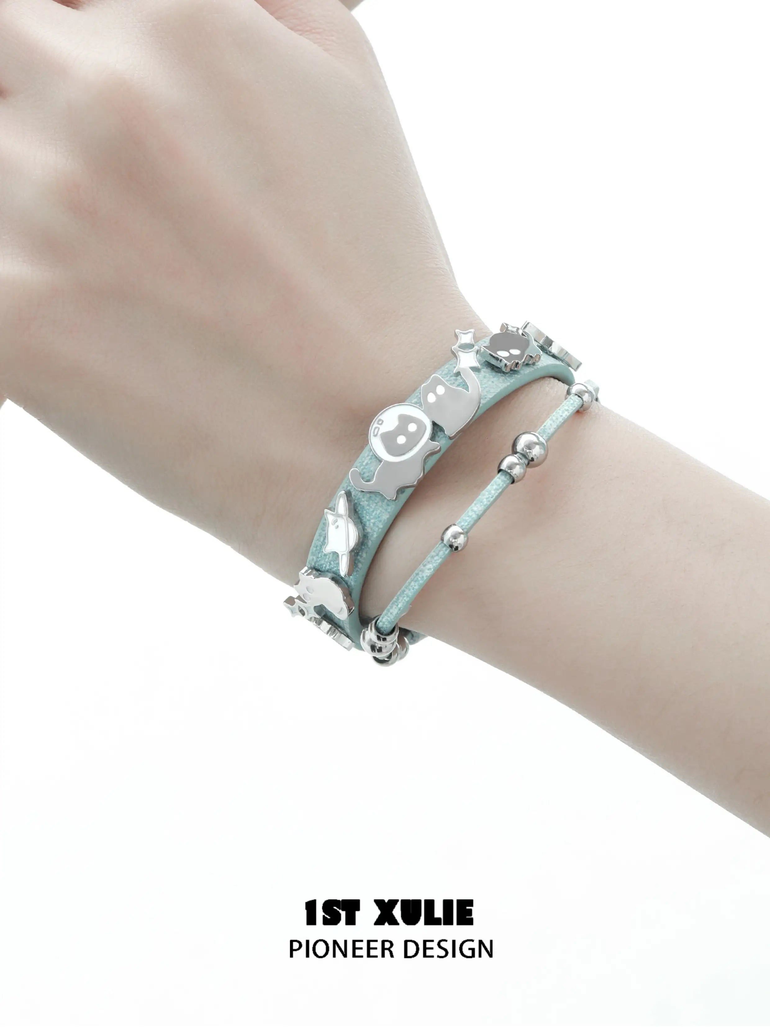 18K Black Gold Plated Leather Bracelet with Ghost & Black Cat Charm - Gothic Jewelry for Women, Perfect for Halloween, Witchy Aesthetic & Dark Fashion Accessories