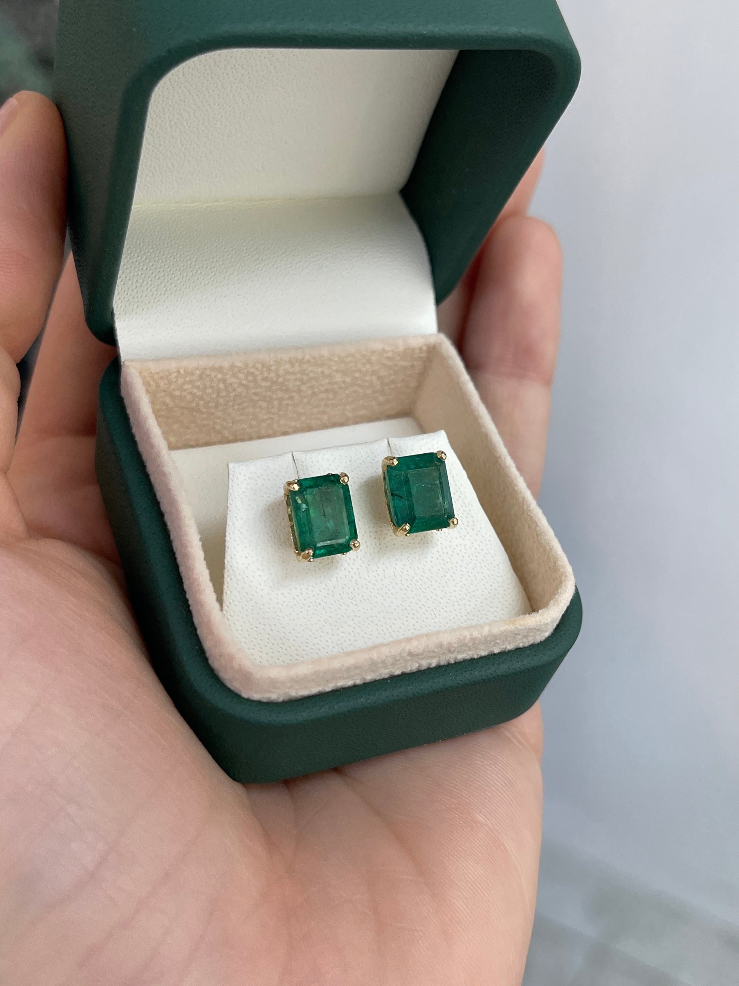 6.70tcw Zambian Emerald Emerald Cut Fleur De Lis Stud Earrings in 14K Gold - Elegant Jewelry for Women, Perfect for Weddings, Parties & Special Occasions