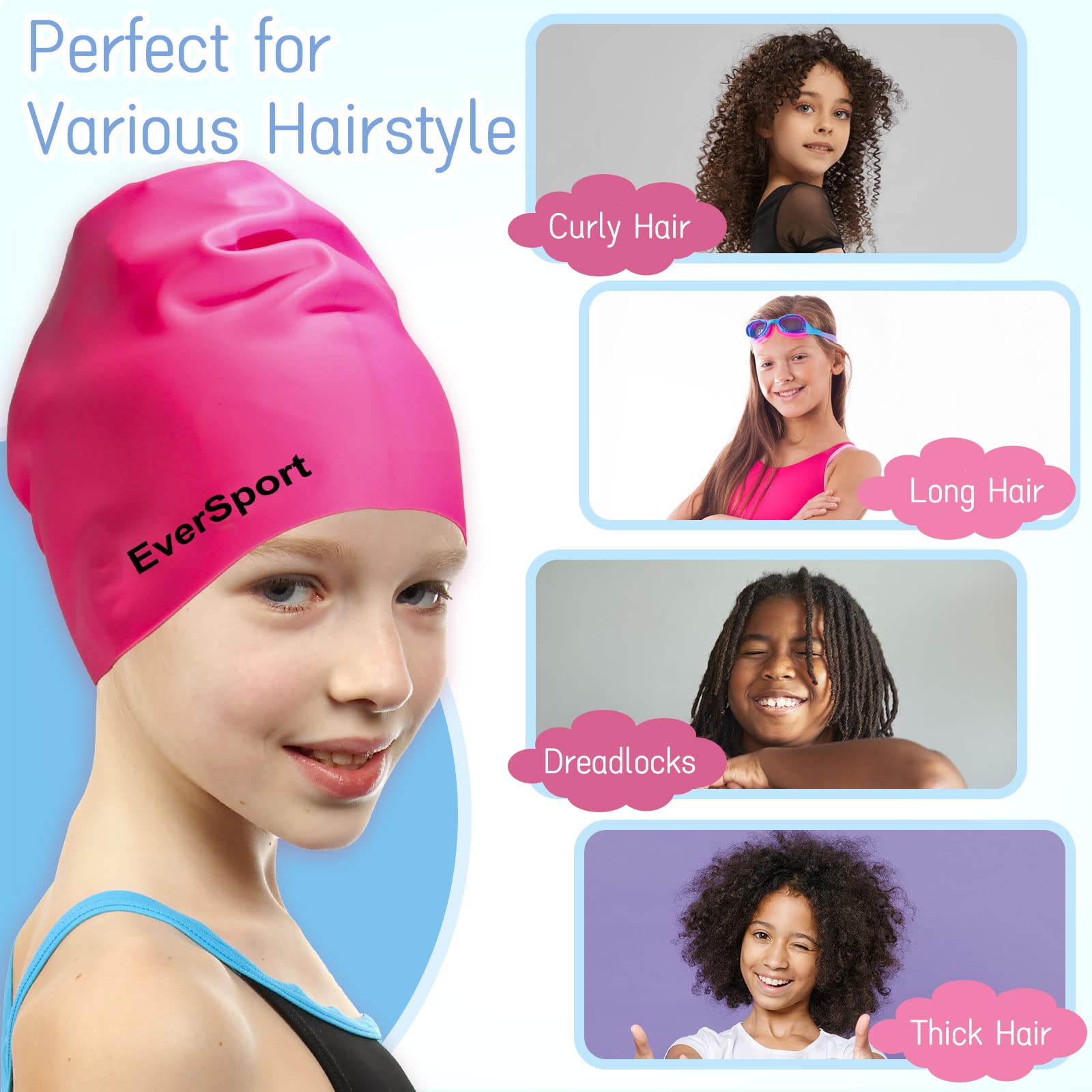 EverSport Kids & Youth Large Swim Cap for Girls Ages 6-14 - Silicone Swimming Cap for Long Hair & Braids - Keeps Hair Dry - Perfect for Swimming Lessons, Pool Parties & Beach Activities