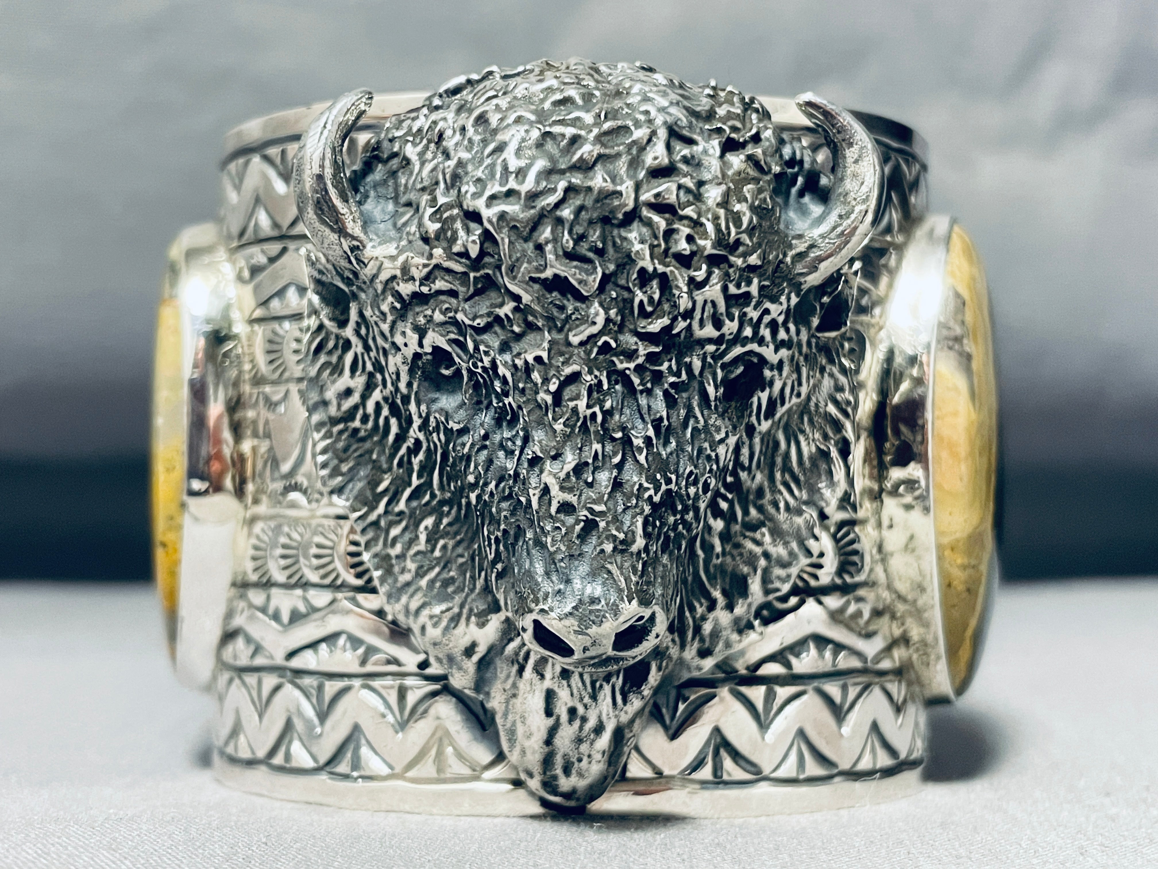 146 Grams Jasper Buffalo Native American Sterling Silver Cuff Bracelet - Handmade Tribal Jewelry for Women, Men, Gift Giving & Spiritual Healing