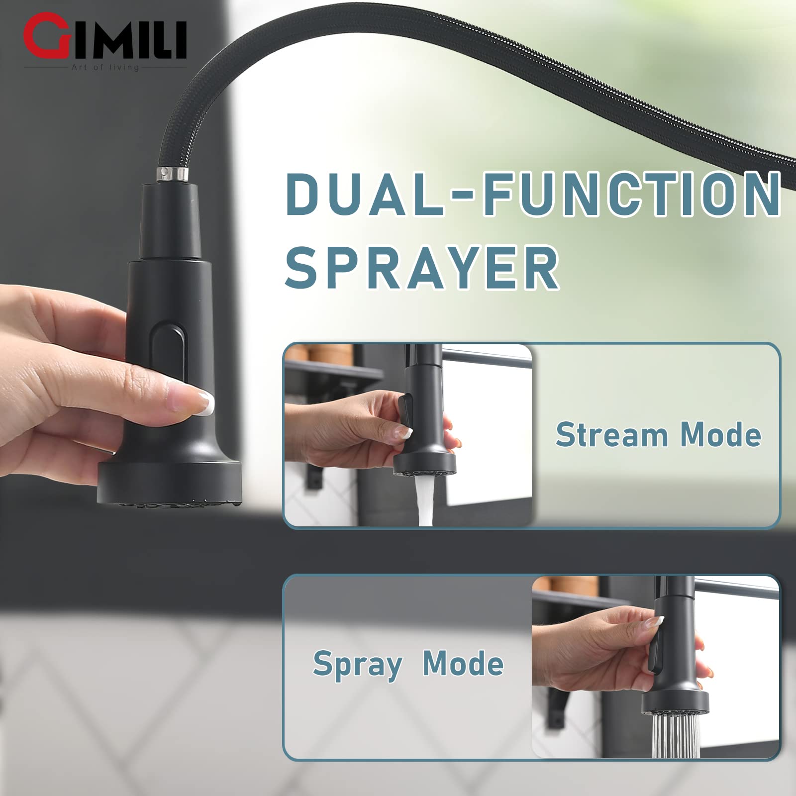 GIMILI Matte Black Commercial Kitchen Faucet with Pull Down Sprayer and Soap Dispenser - Single Handle Spring Pull Out Sink Faucet for Restaurant & Home Kitchen Use