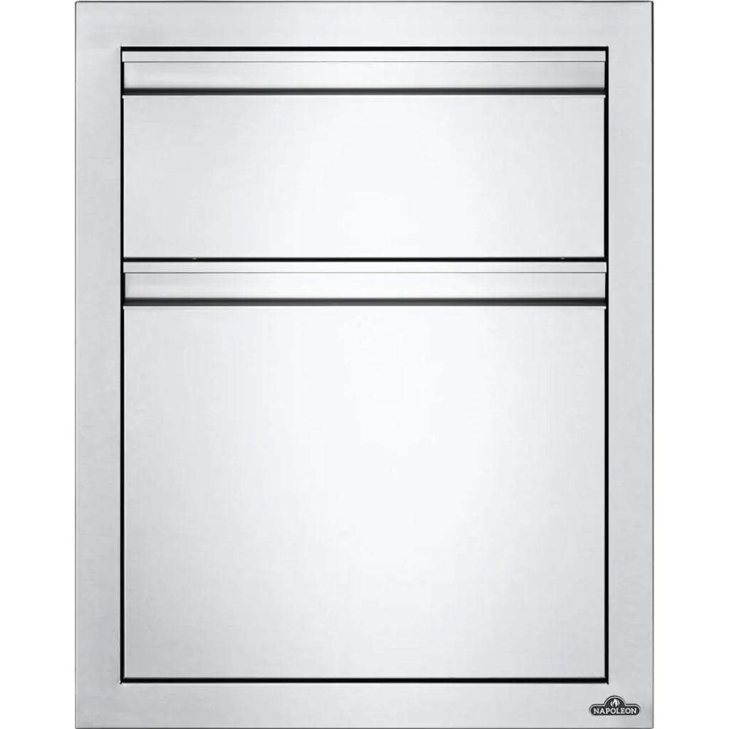 Napoleon 18-Inch Stainless Steel Double Compartment Trash Can Drawer with Built-In Paper Towel Holder - Perfect for Kitchen, Office, or Bathroom Organization