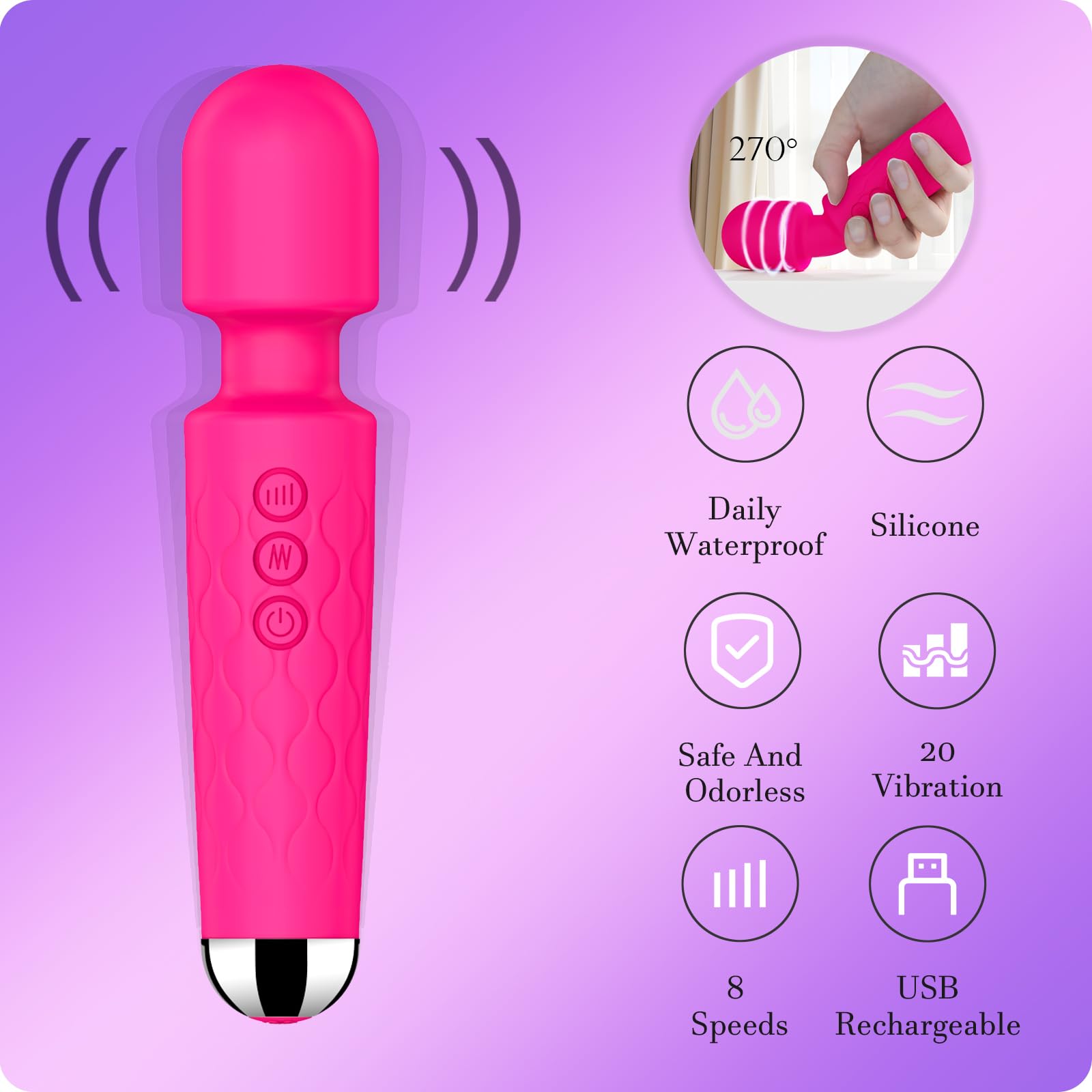 Premium Rose Red Vibrating Wand - 8 Speeds & 20 Patterns G-Spot Stimulator, Clitoral Massager, Waterproof Adult Sex Toy for Women - Perfect for Solo Play, Couples Intimacy & Sensual Exploration