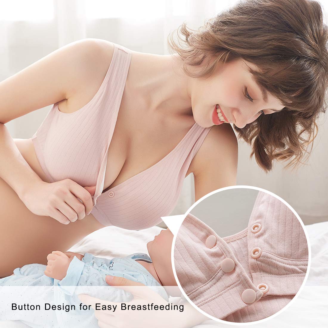 FEOYA Maternity Nursing Bra - Wireless Button Front Nursing Bra for Breastfeeding Mothers | Comfortable Pregnancy & Postpartum Support for Work, Sleep & Daily Wear