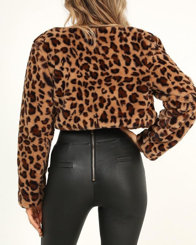 CORIRESHA Women's Fashion Leopard Print Faux Fur Coat - Winter Warm Cropped Fleece Jacket for Women - Perfect for Casual Outings, Parties and Cold Weather Fashion