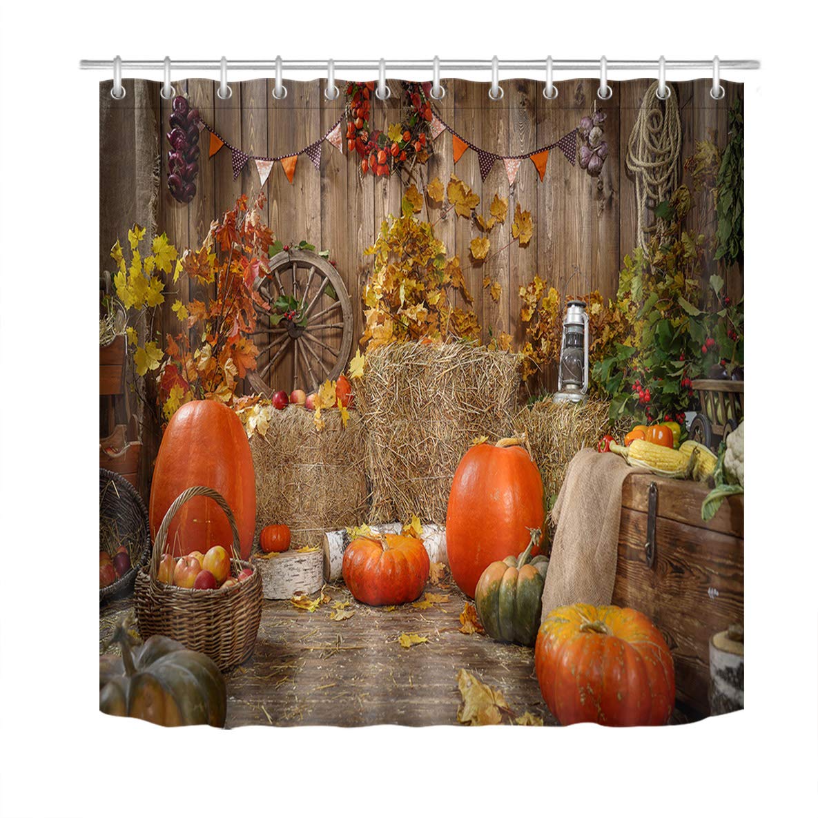 LB Autumn Harvest Pumpkin Shower Curtain - Farmhouse Bathroom Decor with Yellow Red Faded Leaves & Pumpkins - Fall Thanksgiving Bath Curtain 60x72 Inches Polyester Fabric - Perfect for Seasonal Home Decor & Cozy Autumn Bathroom Makeover