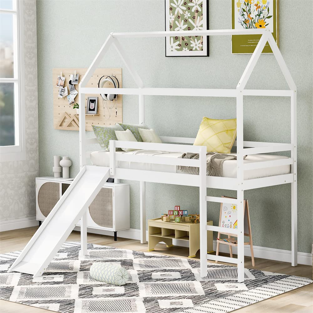 Wooden Twin Size House Loft Bed with Slide - Full-Length Guardrail & Ladder - Multifunctional Kids Bed with Under Bed Storage - No Box Spring Needed - Perfect for Small Bedrooms, Playrooms & Kids' Spaces (White)