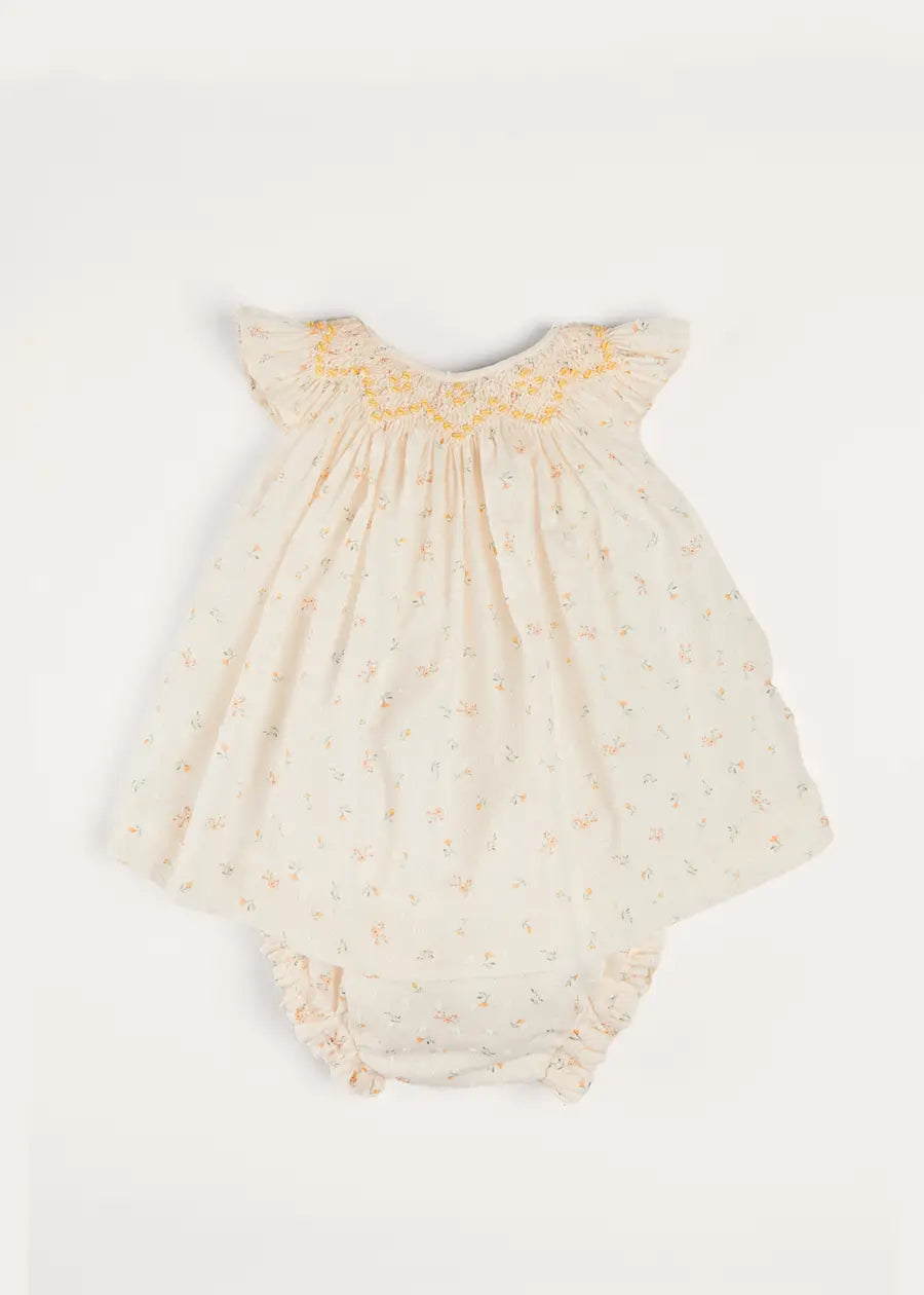Esme Floral Hand Smocked Sleeveless Baby Dress with Bloomers - White (1-12 Months) | Perfect for Photoshoots, Special Occasions & Everyday Wear