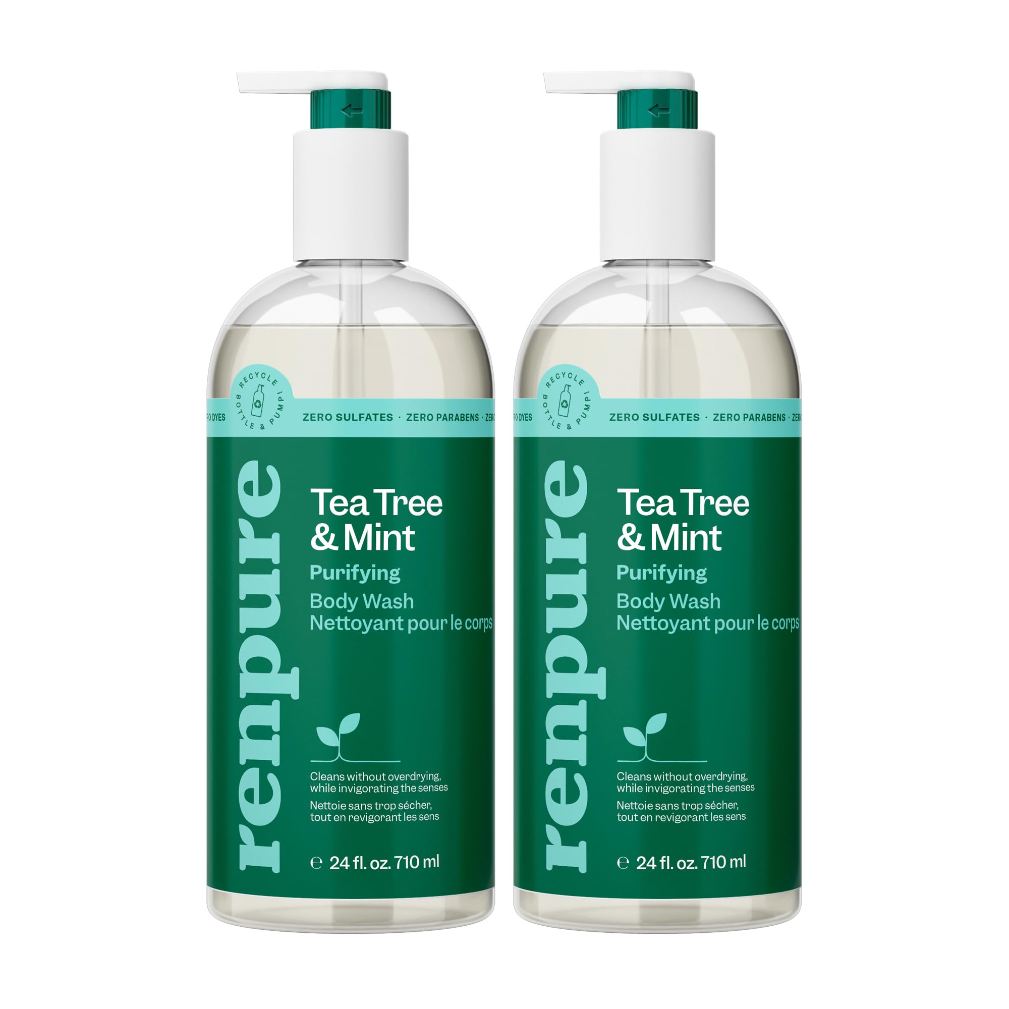 RENPURE Tea Tree & Mint Body Wash - Hydrating & Refreshing Shower Gel with Tea Tree & Spearmint Oils - Gentle Cleanser for All Skin Types - 24 Fl Oz (Pack of 2) - Perfect for Post-Workout, Morning Refresh & Sensitive Skin Care