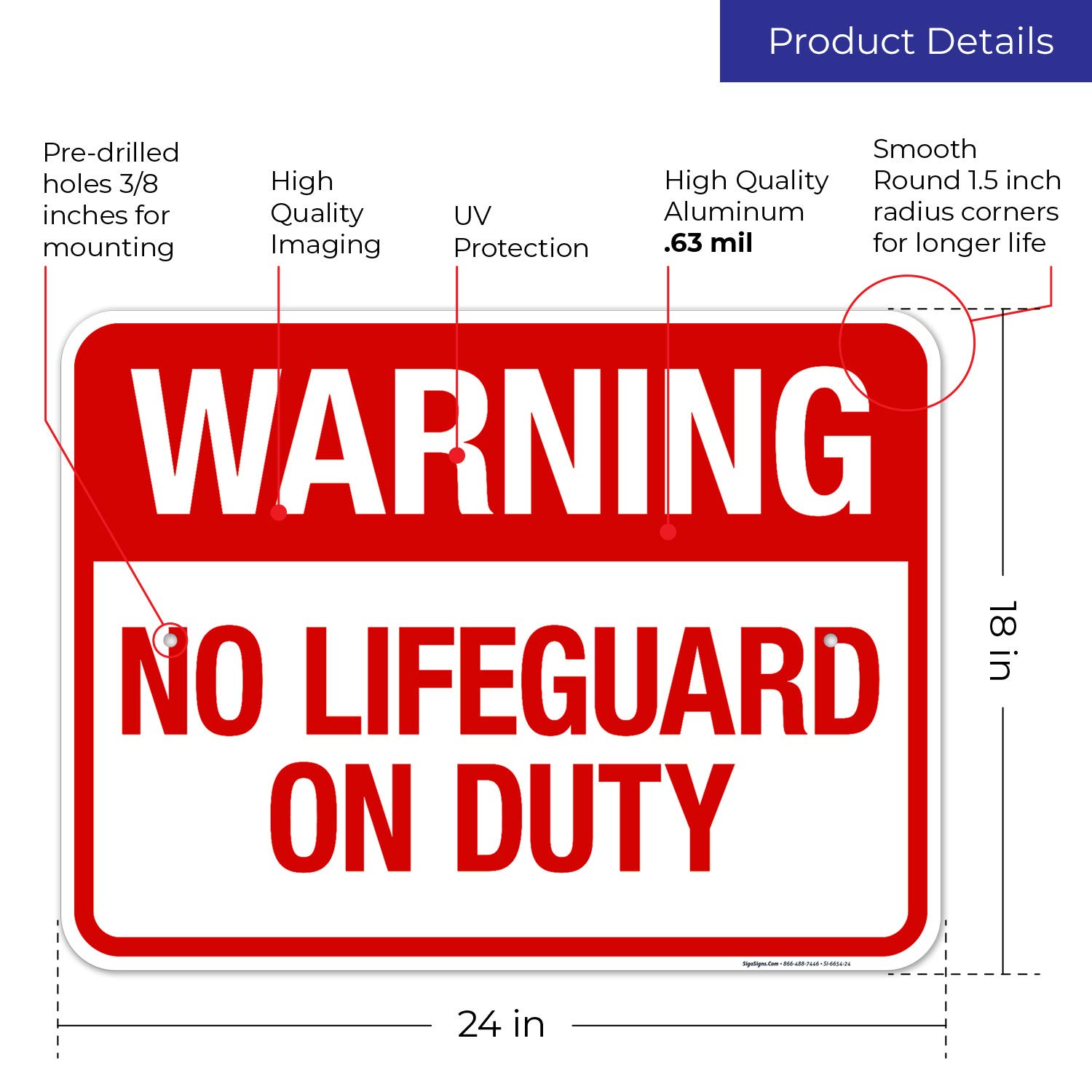 No Lifeguard On Duty Sign - 18x24 Inch Rust-Free Aluminum Pool Safety Sign (SI-6654) | Fade Resistant for Indoor & Outdoor Use | Made in USA | Perfect for Swimming Pools, Water Parks & Public Aquatic Areas