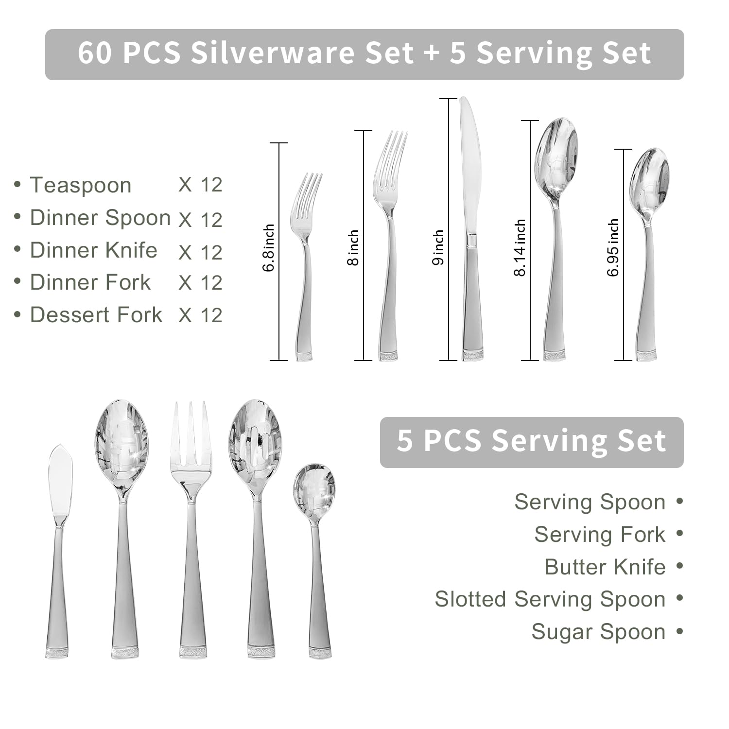 KINGSTONE 65-Piece Silverware Set for 12, 18/10 Stainless Steel Flatware Set with Bead Edge - Mirror Polished, Dishwasher Safe Cutlery for Kitchen, Home, Party & Wedding - Perfect for Holiday Dinners, Formal Dining & Gift Giving