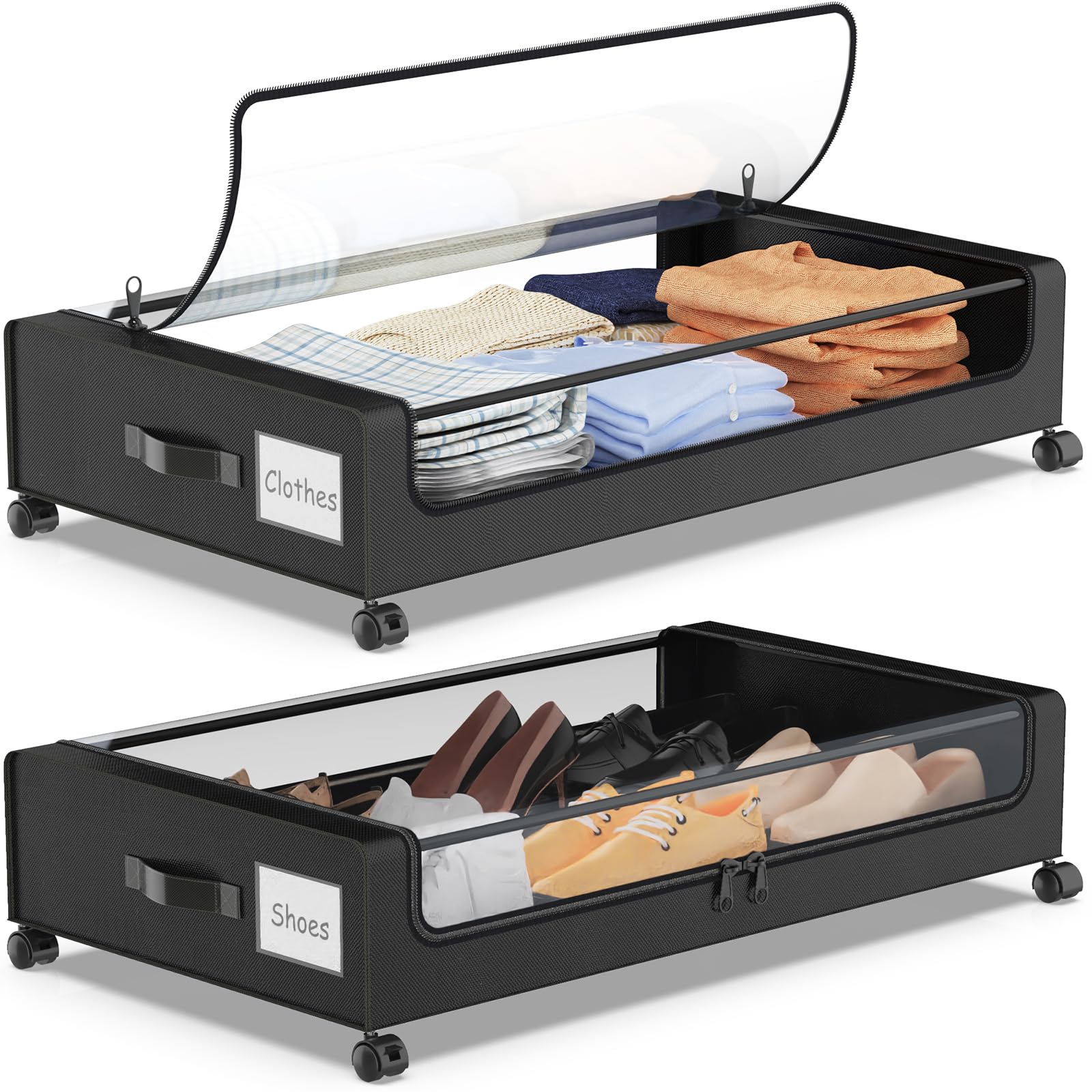 Under Bed Storage Containers with Wheels - 2-Pack XXL 60L Rolling Drawers with Clear Lids & Labels for Clothes, Shoes, Toys, Books - Metal Frame Underbed Organizer - Perfect for Bedroom, Closet, Dorm & Small Space Storage (Black)