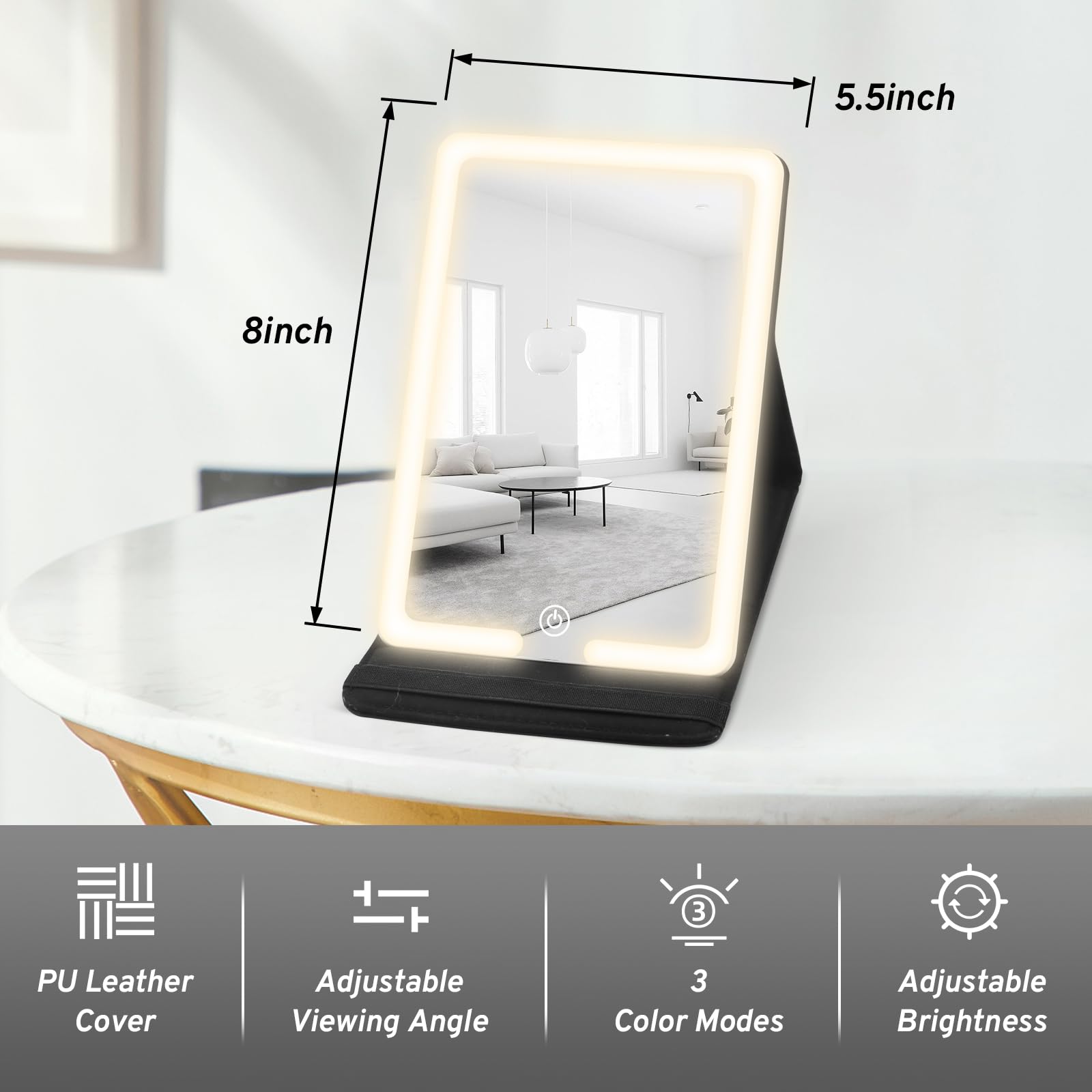 Rechargeable LED Travel Makeup Mirror with 3 Light Settings - 8x5.5 Inch Ultra-Slim Portable Vanity Mirror with PU Leather Cover & 1500mAh Battery - Perfect for Home, Travel, and Professional Makeup Application