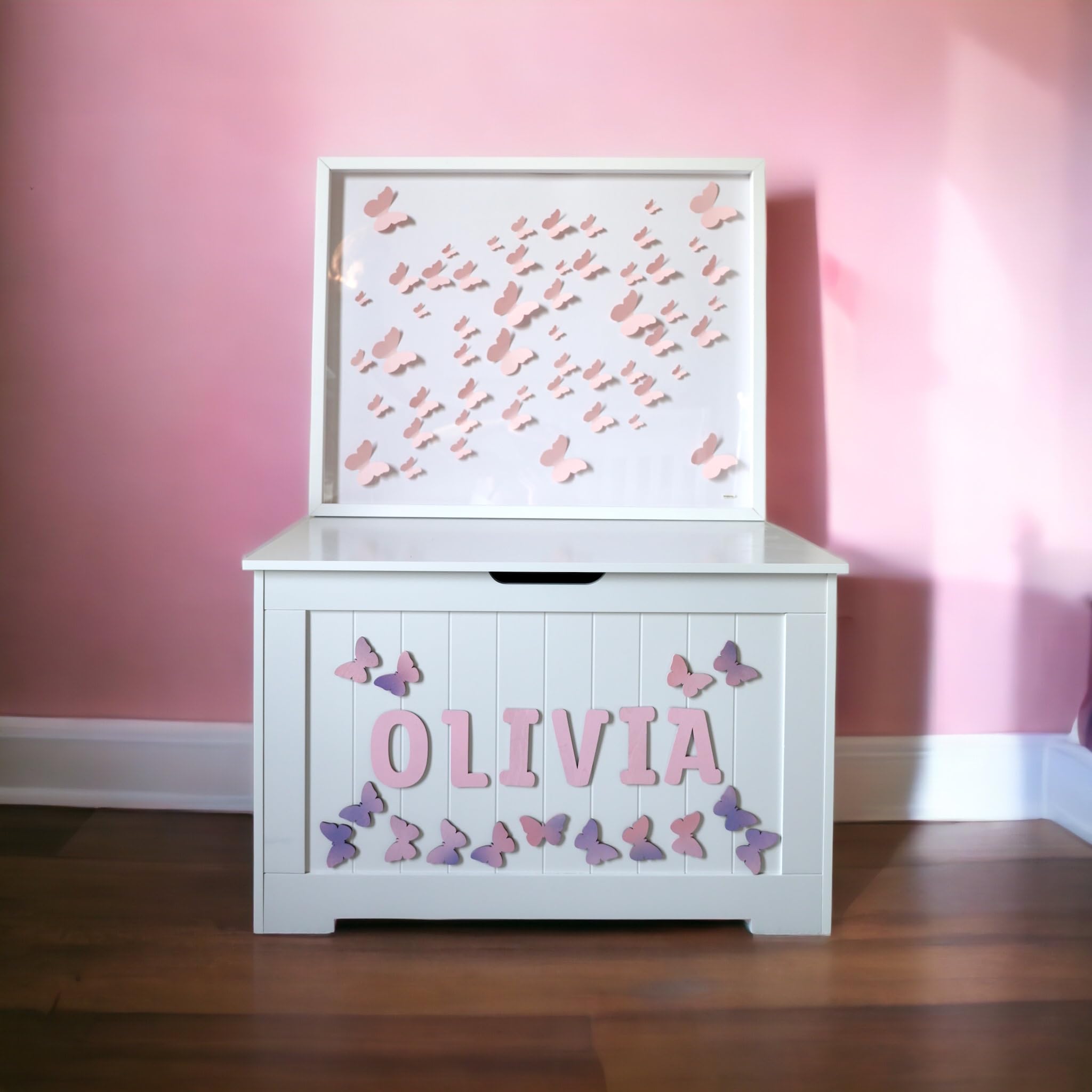 Personalized Wooden Toy Box with Butterfly Decor - Custom Kids Storage Box for Nursery, Playroom & Bedroom Organization
