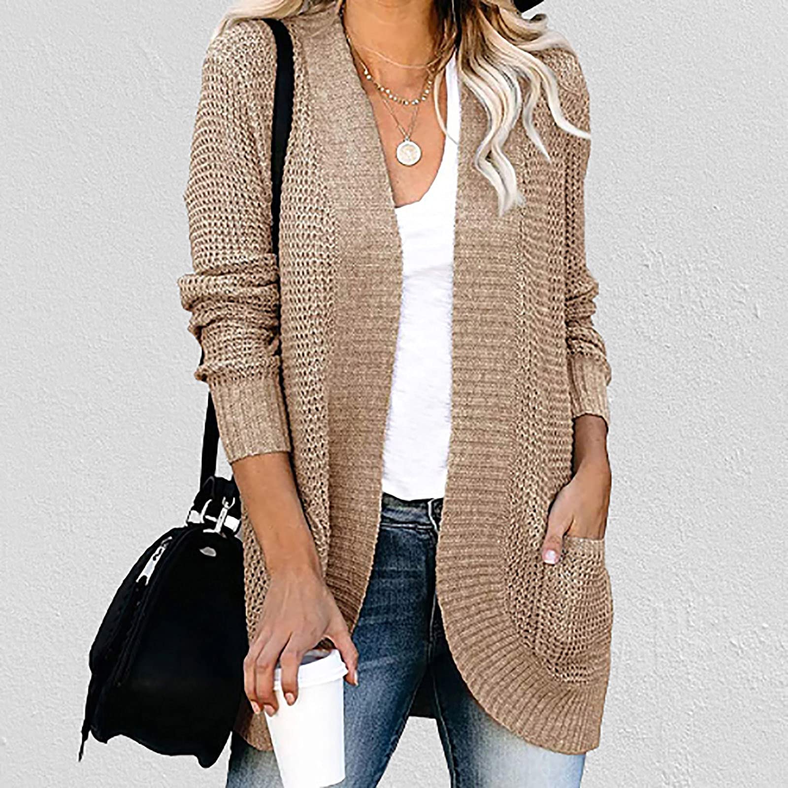 Women's Chunky Open Front Cardigan - Long Sleeve Loose Fit Knit Draped Sweater Waffle Knitted Long Cardigan Outwear for Casual Wear, Office & Fall Layering